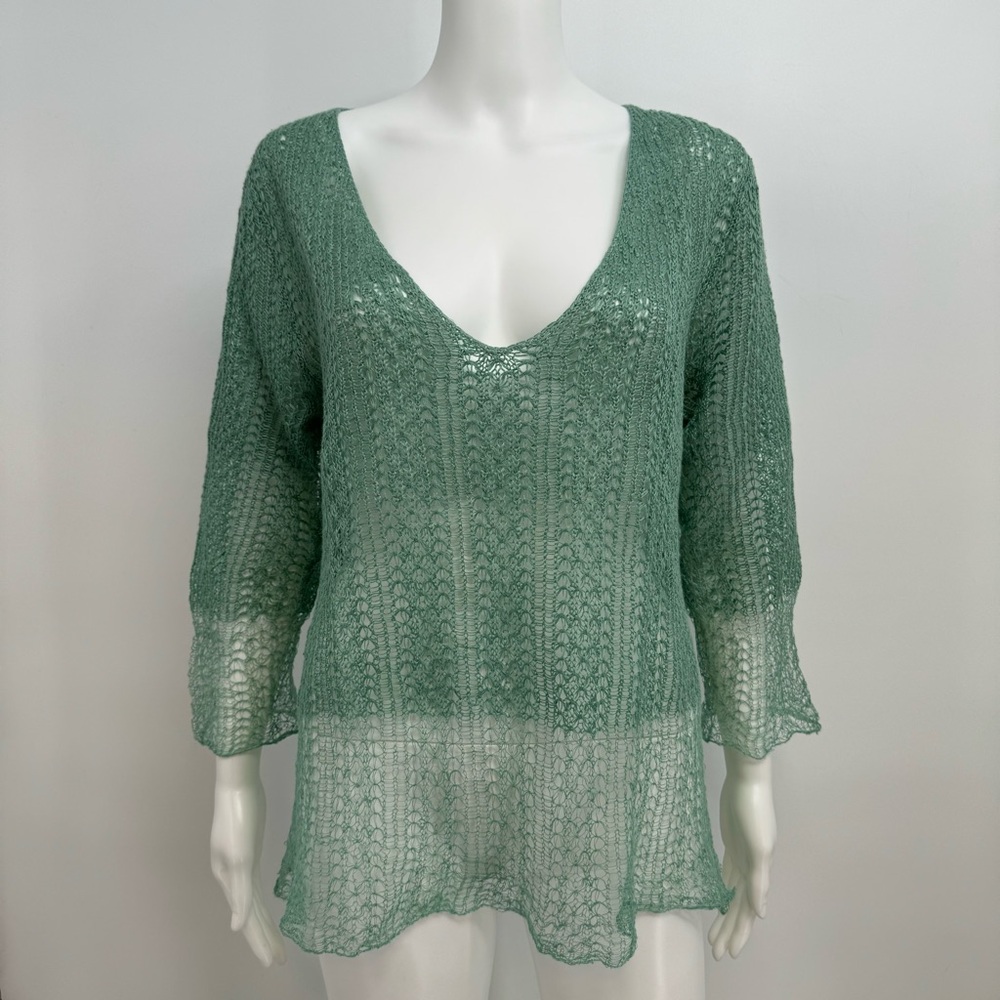 TSE Crochet Sweater Women’s Sz XL Green Linen V Neck